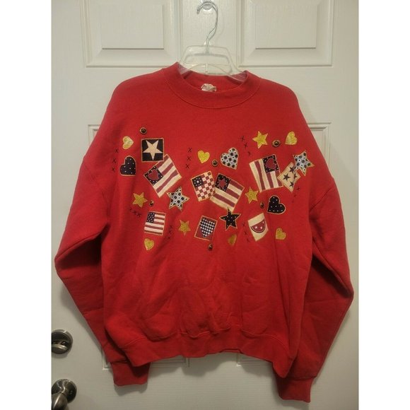 Vtg Womens Sweatshirt Americana Handpainted Red - Picture 1 of 7